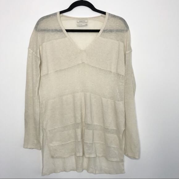 Aritzia Babaton XSmall XS Cream Wool Linen Striped Sweater V Neck Semi Sheer Top - Picture 1 of 6